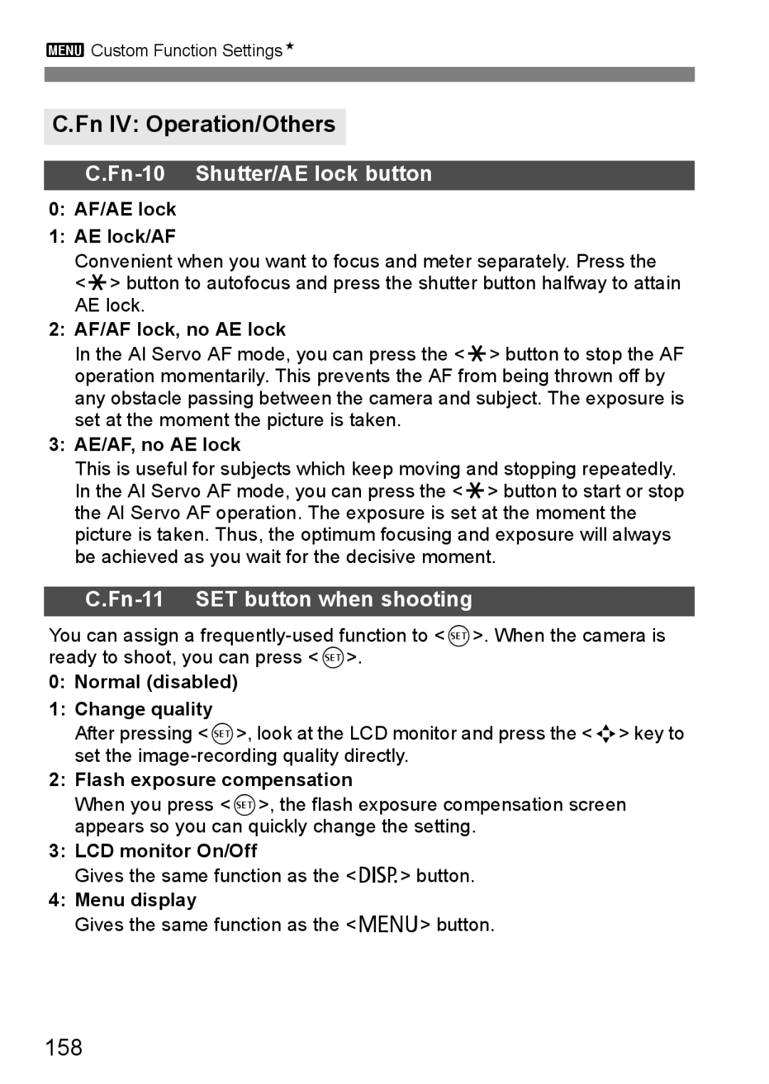 Canon EOS 450D instruction manual Fn IV Operation/Others, 158 