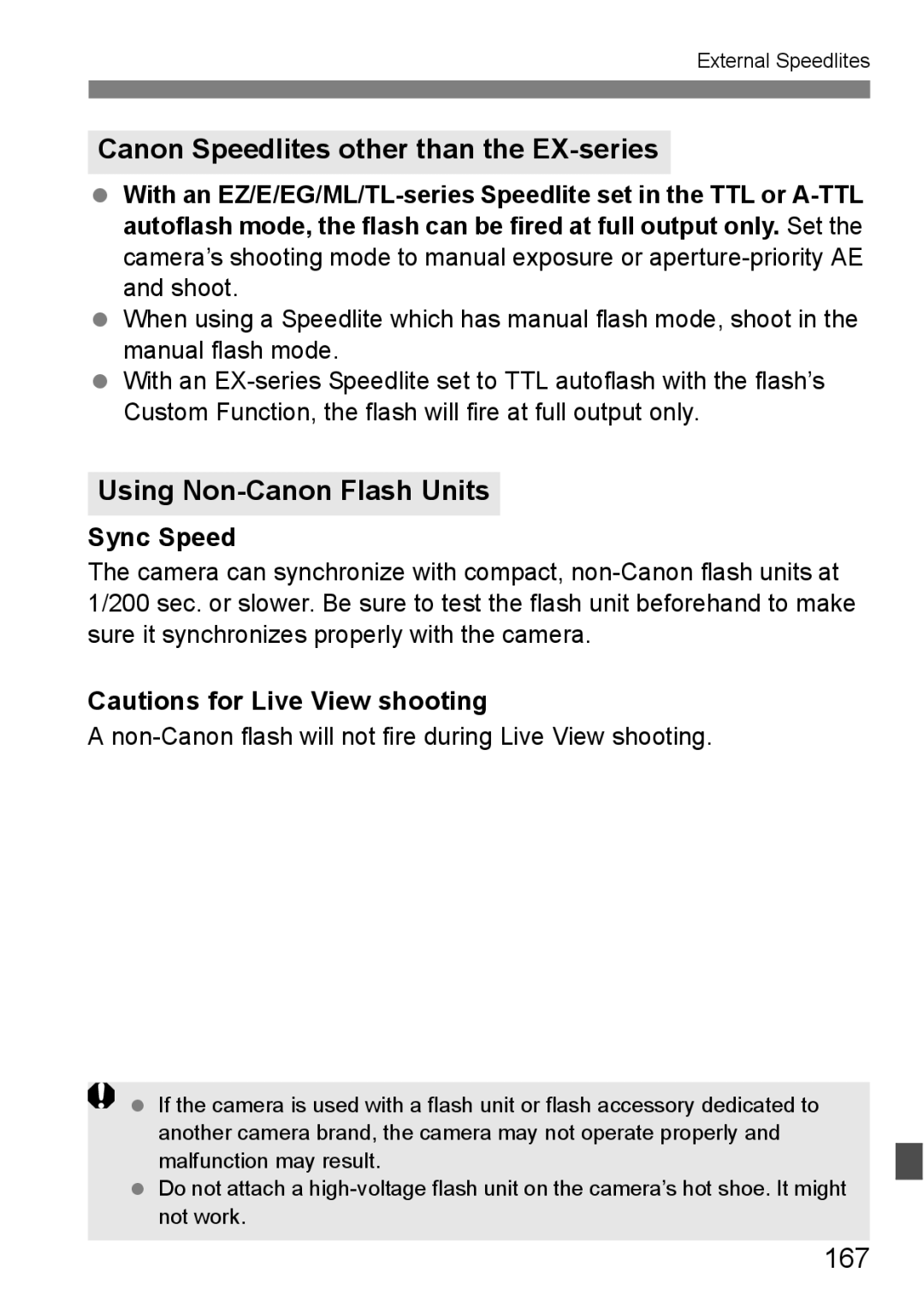 Canon EOS 450D instruction manual Canon Speedlites other than the EX-series, Using Non-Canon Flash Units, 167, Sync Speed 