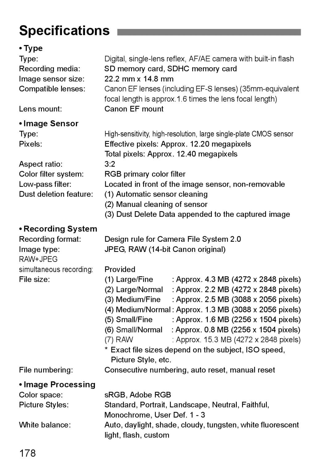 Canon EOS 450D instruction manual Specifications, 178 