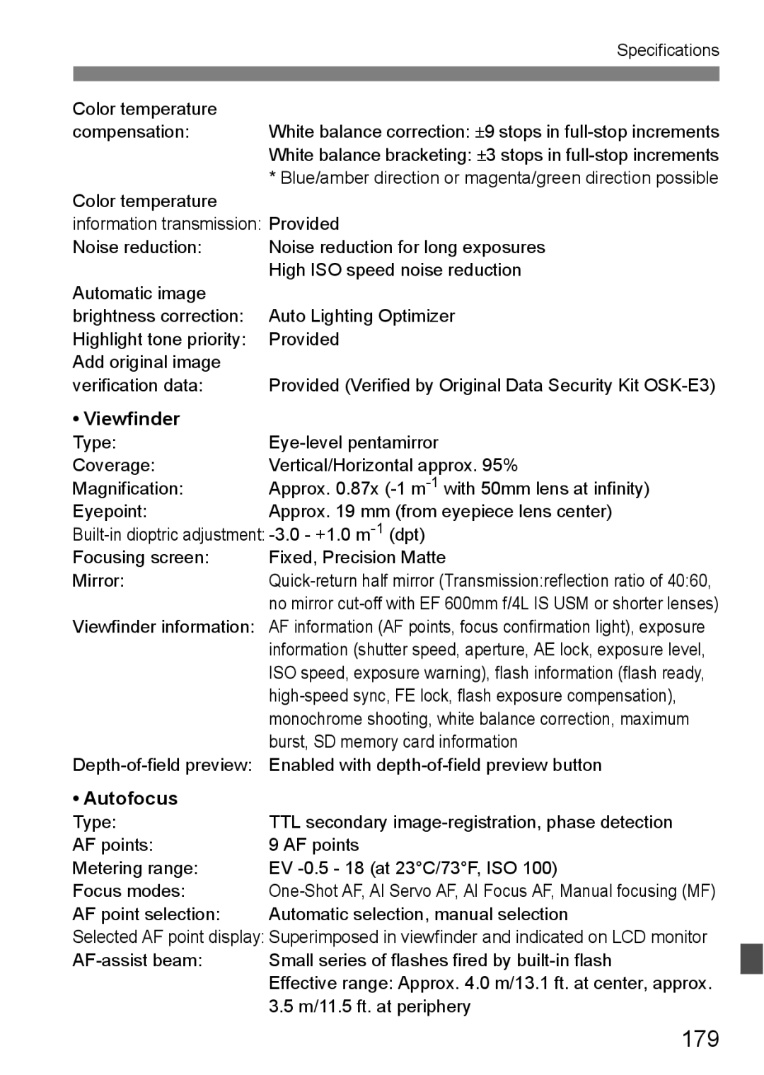 Canon EOS 450D instruction manual 179, Viewfinder, Autofocus 