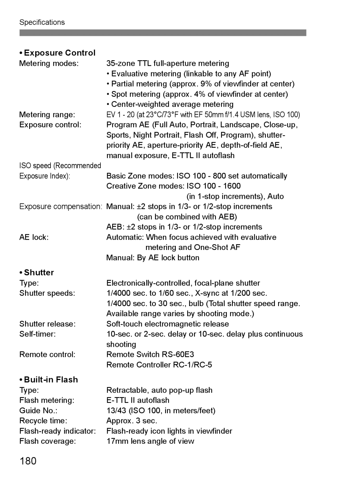 Canon EOS 450D instruction manual 180, Exposure Control, Shutter, Built-in Flash 