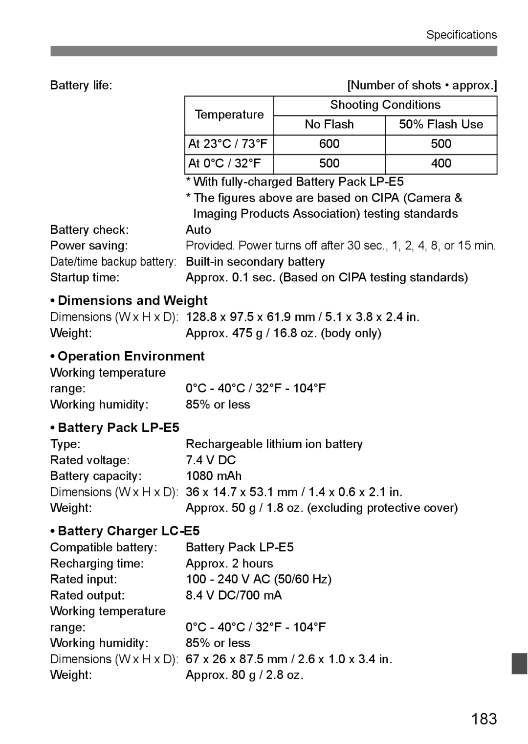 Canon EOS 450D 183, Dimensions and Weight, Operation Environment, Battery Pack LP-E5, Battery Charger LC-E5 