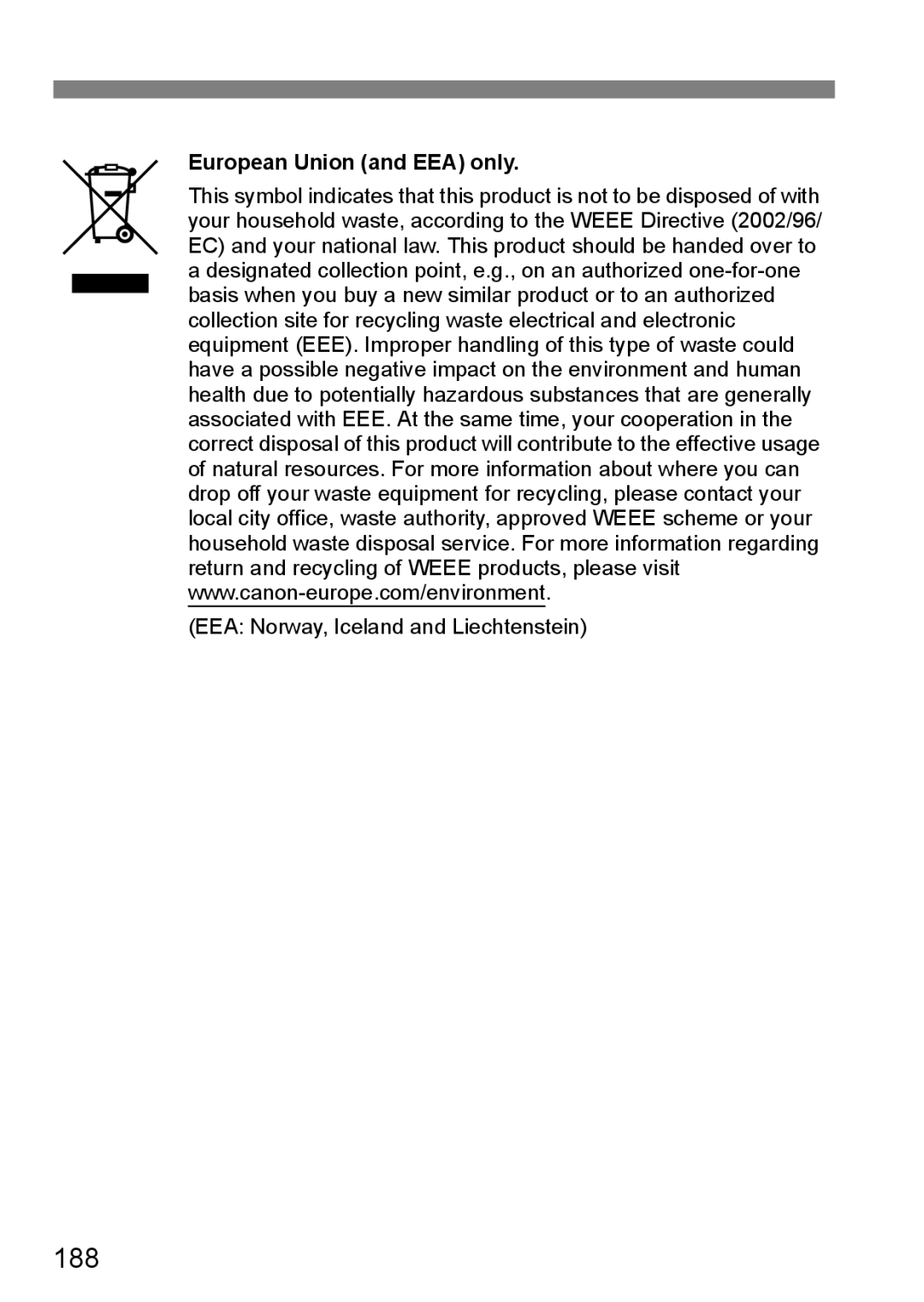 Canon EOS 450D instruction manual 188, European Union and EEA only 