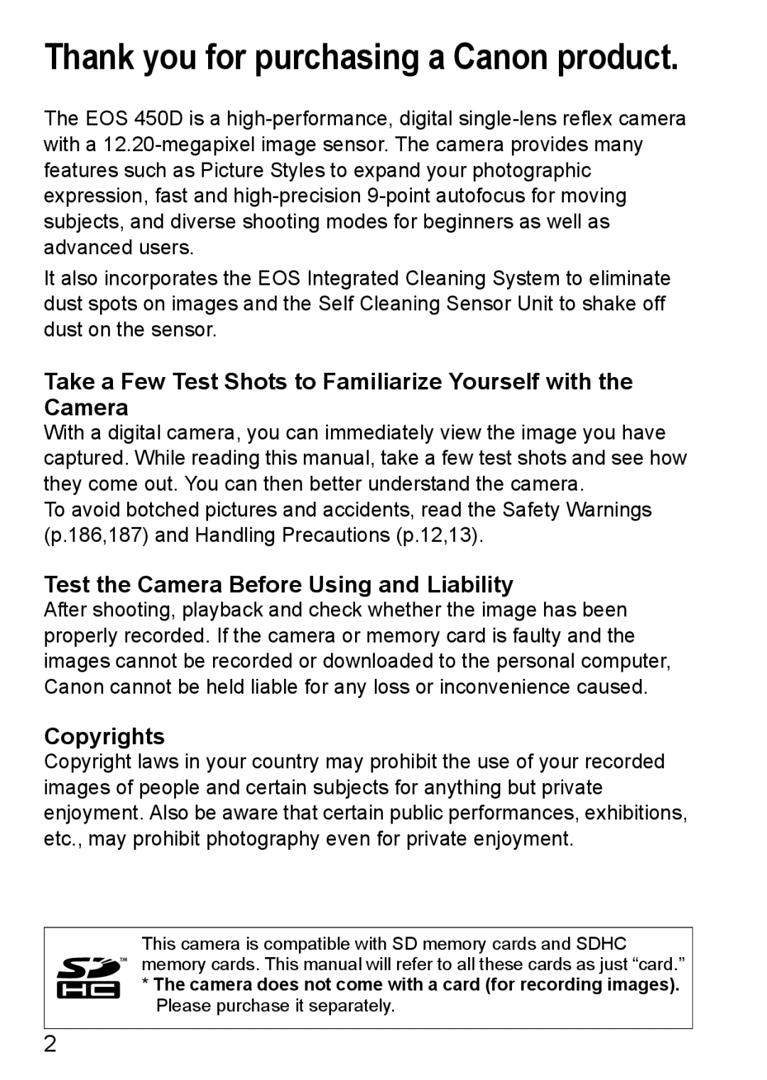 Canon EOS 450D instruction manual Test the Camera Before Using and Liability, Copyrights 