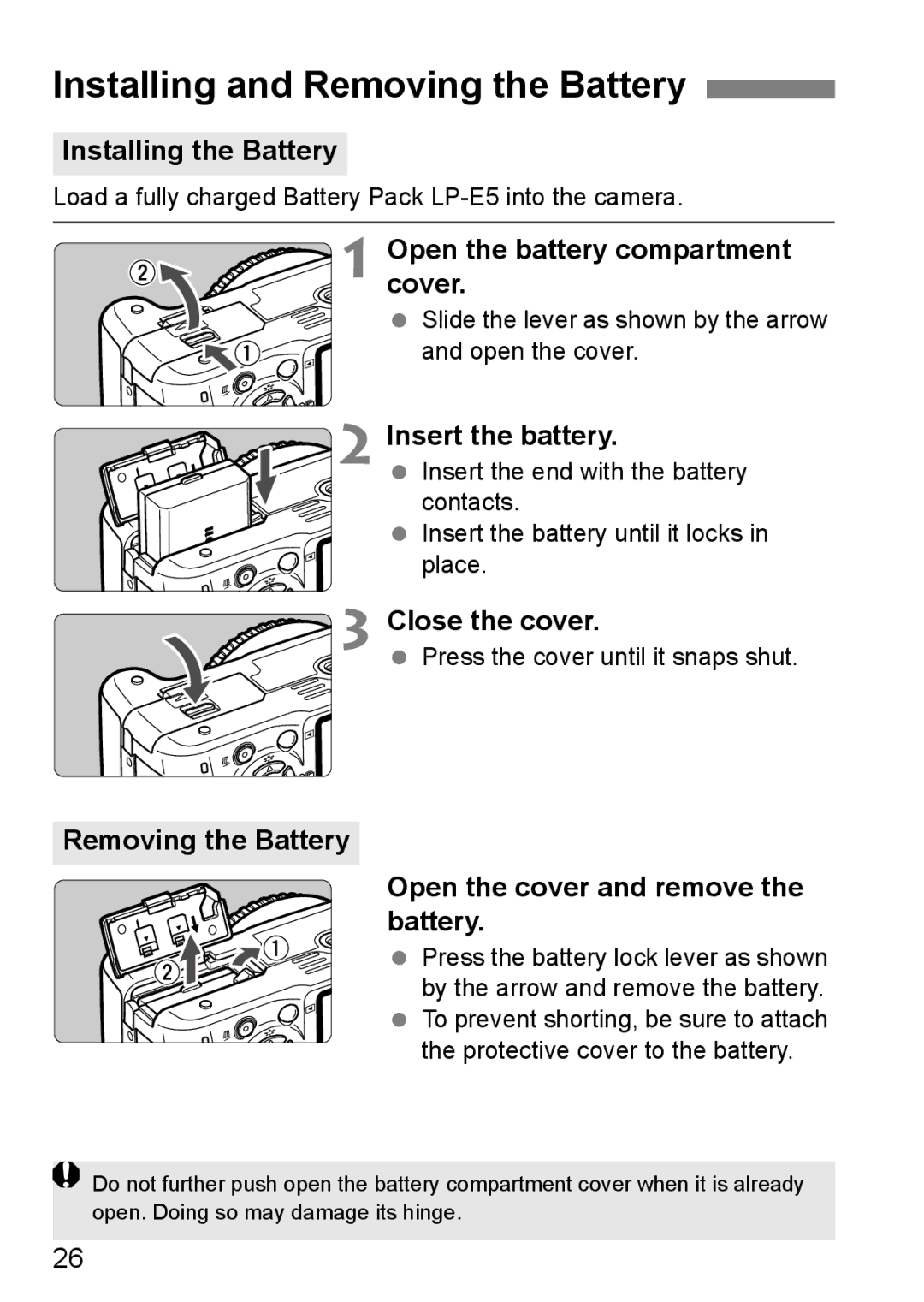 Canon EOS 450D instruction manual Installing and Removing the Battery 