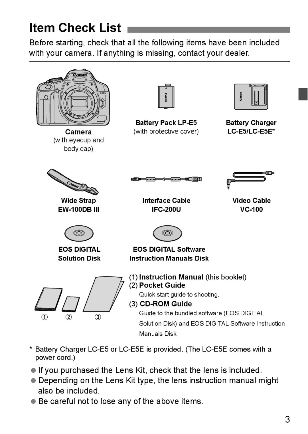 Canon EOS 450D Item Check List, Be careful not to lose any of the above items, Camera, Pocket Guide, CD-ROM Guide 