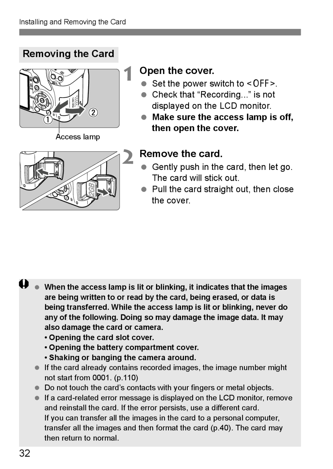 Canon EOS 450D instruction manual Removing the Card, Remove the card, Make sure the access lamp is off, then open the cover 