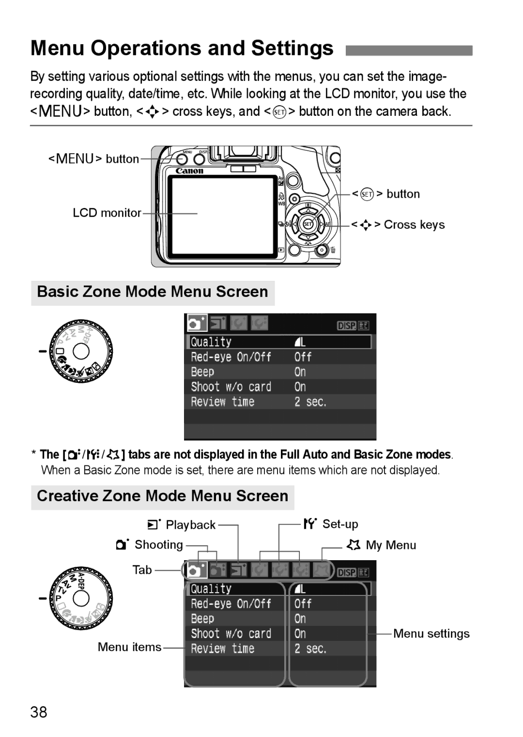 Canon EOS 450D instruction manual Menu Operations and Settings, Basic Zone Mode Menu Screen, Creative Zone Mode Menu Screen 