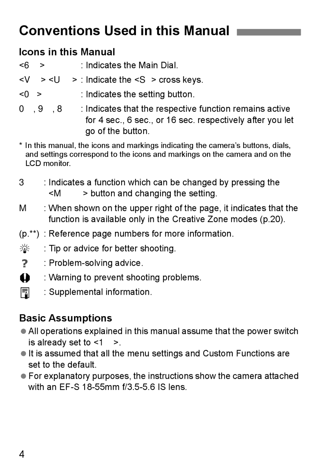 Canon EOS 450D Conventions Used in this Manual, Icons in this Manual, Basic Assumptions, Indicates the Main Dial 