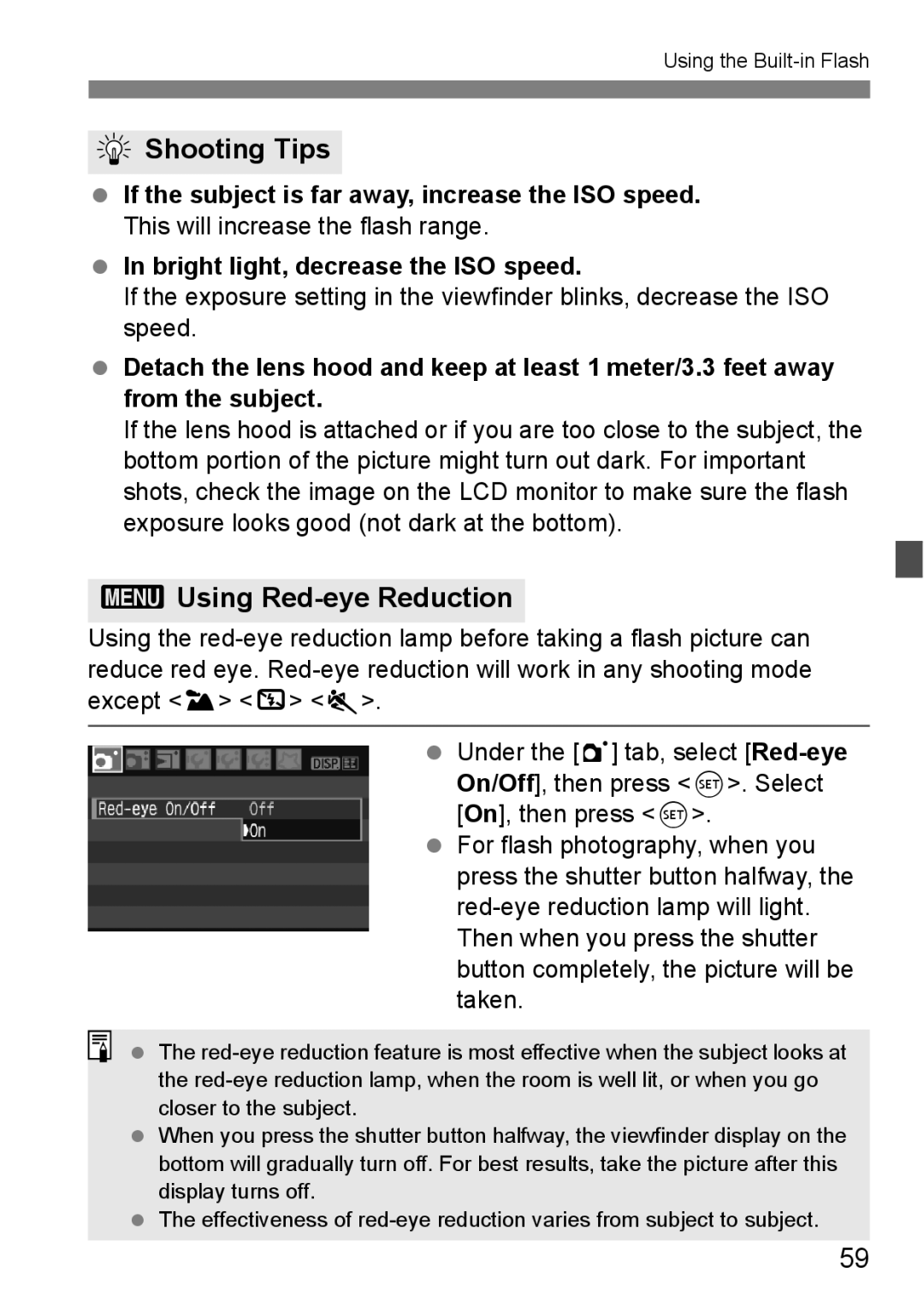 Canon EOS 450D instruction manual 3Using Red-eye Reduction, If the subject is far away, increase the ISO speed 