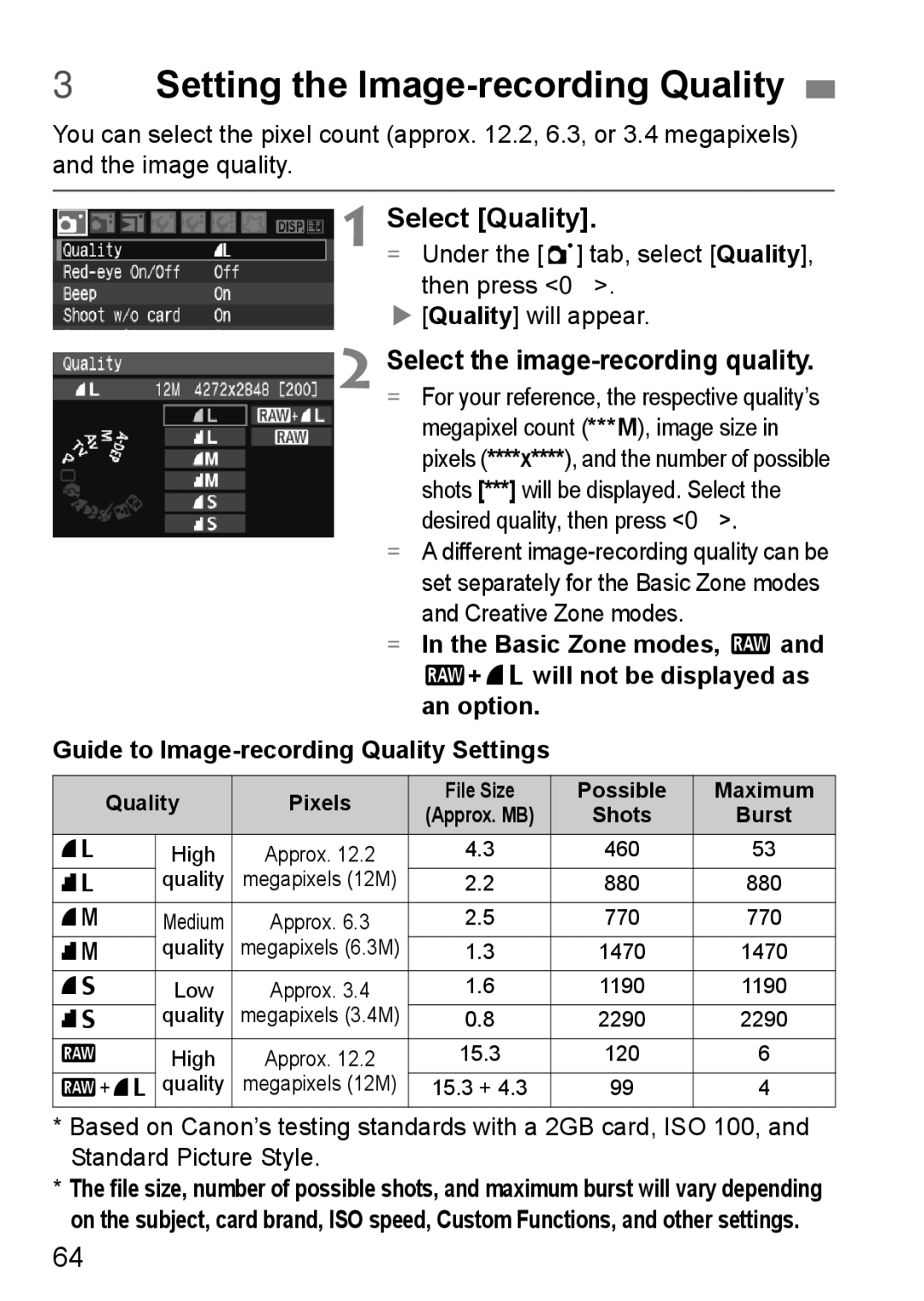 Canon EOS 450D instruction manual 3Setting the Image-recording Quality, Select Quality, Select the image-recording quality 