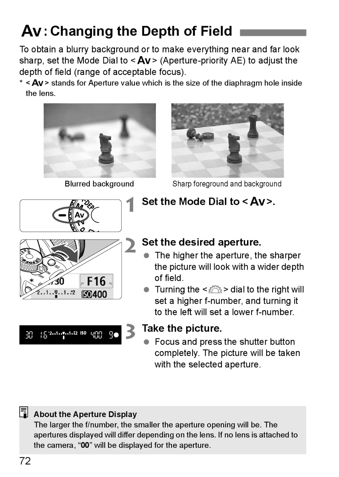 Canon EOS 450D Changing the Depth of Field, Set the Mode Dial to f Set the desired aperture, About the Aperture Display 