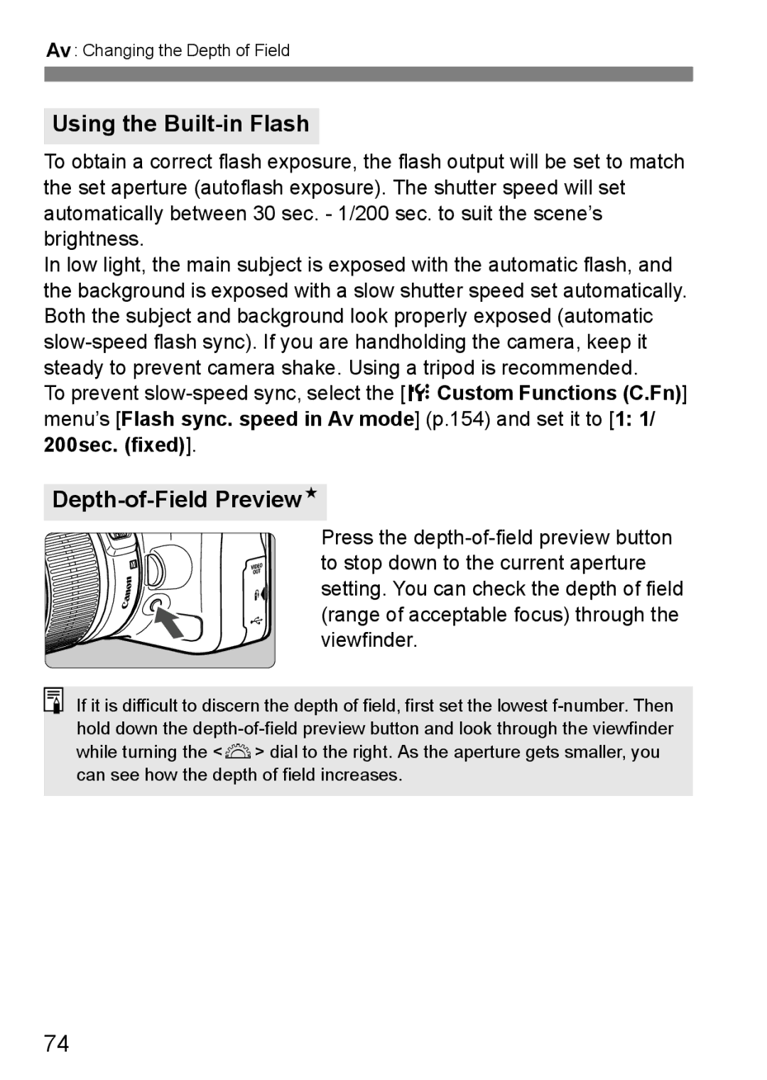 Canon EOS 450D instruction manual Using the Built-in Flash, Depth-of-Field PreviewN 