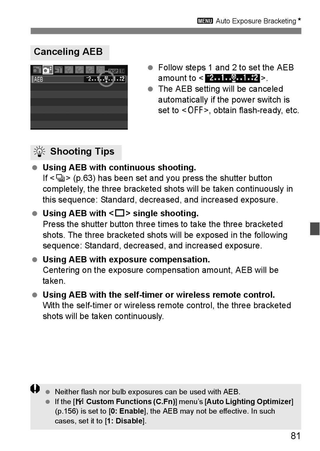Canon EOS 450D instruction manual Canceling AEB, Using AEB with continuous shooting, Using AEB with u single shooting 