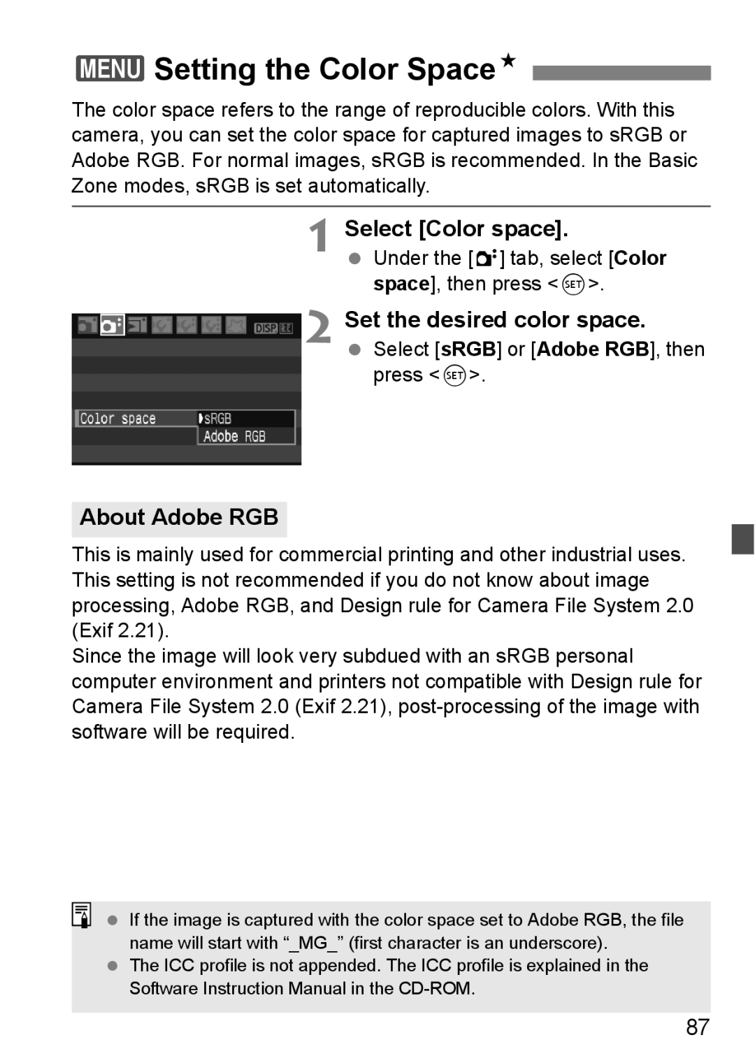 Canon EOS 450D instruction manual 3Setting the Color SpaceN, Select Color space, About Adobe RGB 