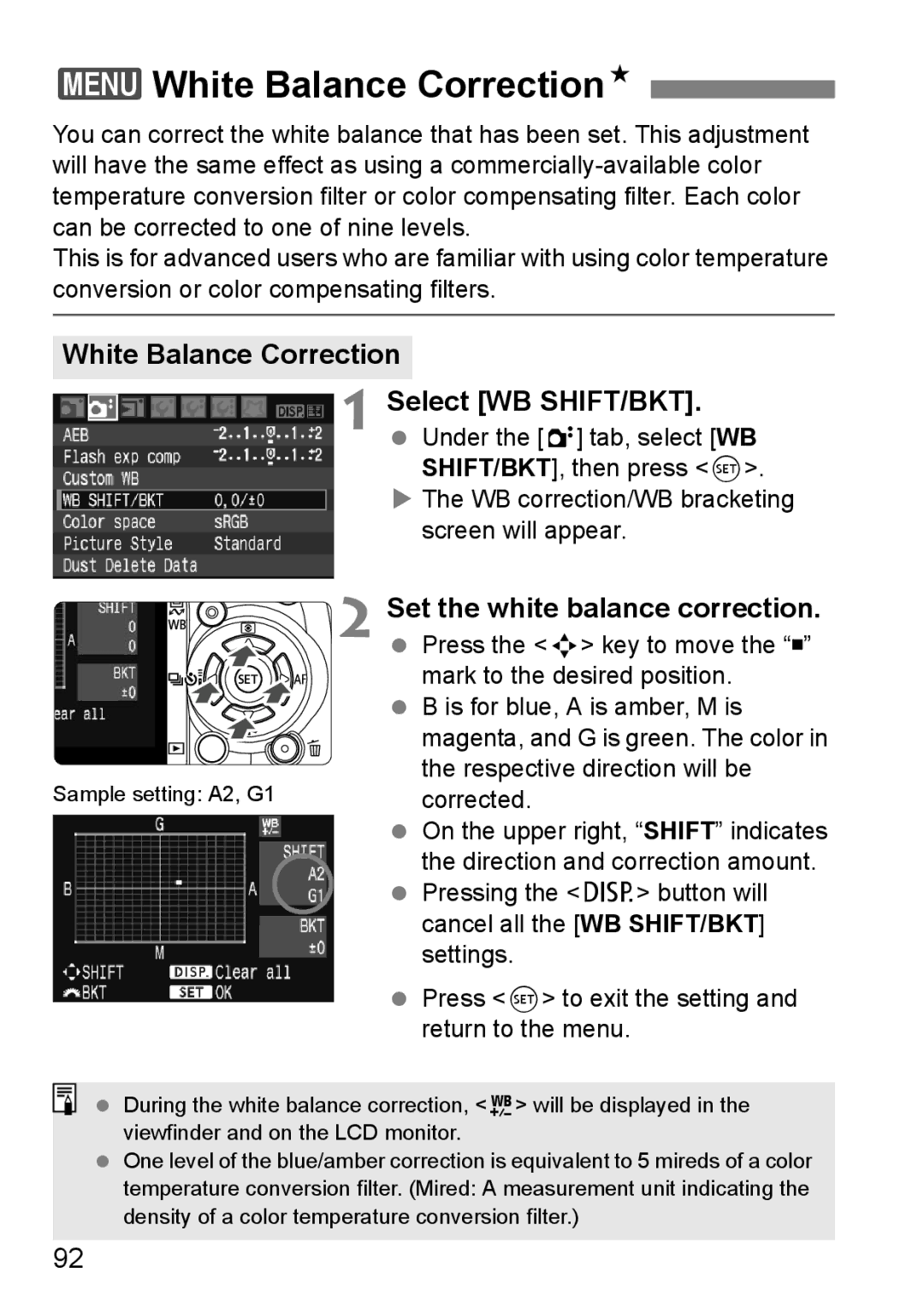 Canon EOS 450D instruction manual 3White Balance CorrectionN, Set the white balance correction 