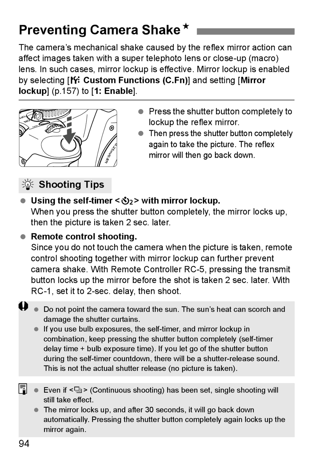 Canon EOS 450D Preventing Camera ShakeN, Using the self-timer l with mirror lockup, Remote control shooting 