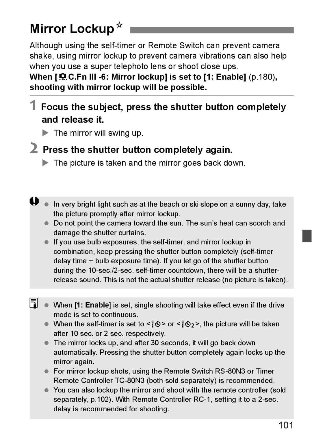 Canon EOS 5D instruction manual Mirror LockupN, Press the shutter button completely again, 101, Mirror will swing up 