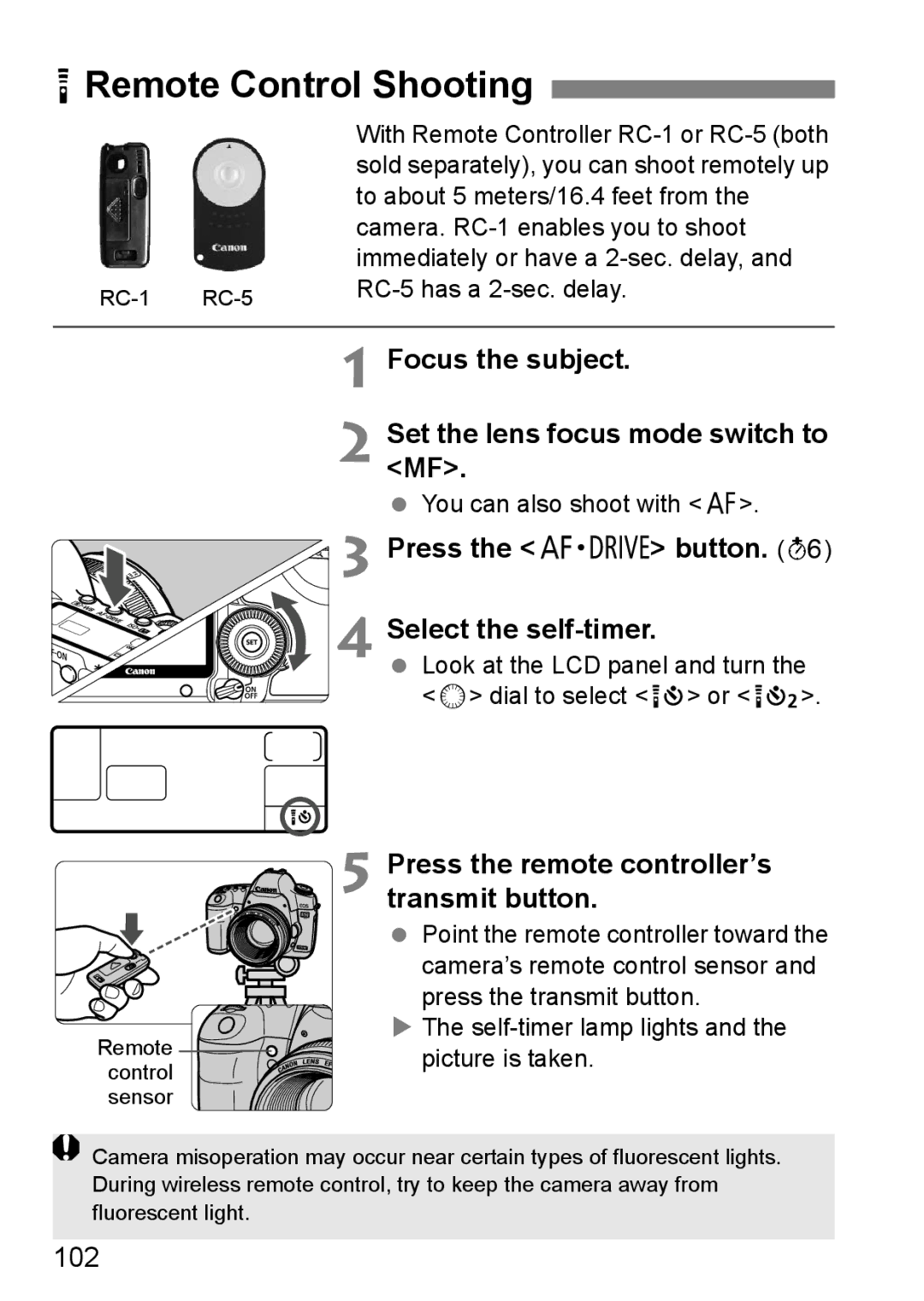 Canon EOS 5D instruction manual RRemote Control Shooting, Press the remote controller’s transmit button, 102 