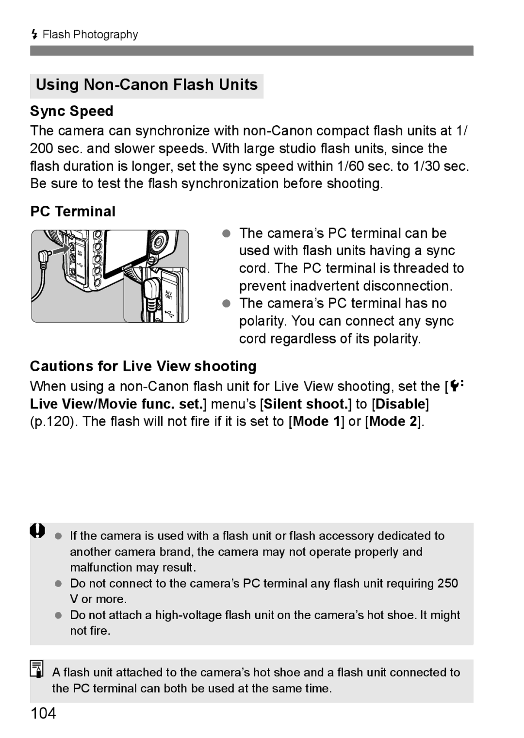 Canon EOS 5D instruction manual Using Non-Canon Flash Units, 104, Sync Speed, PC Terminal 