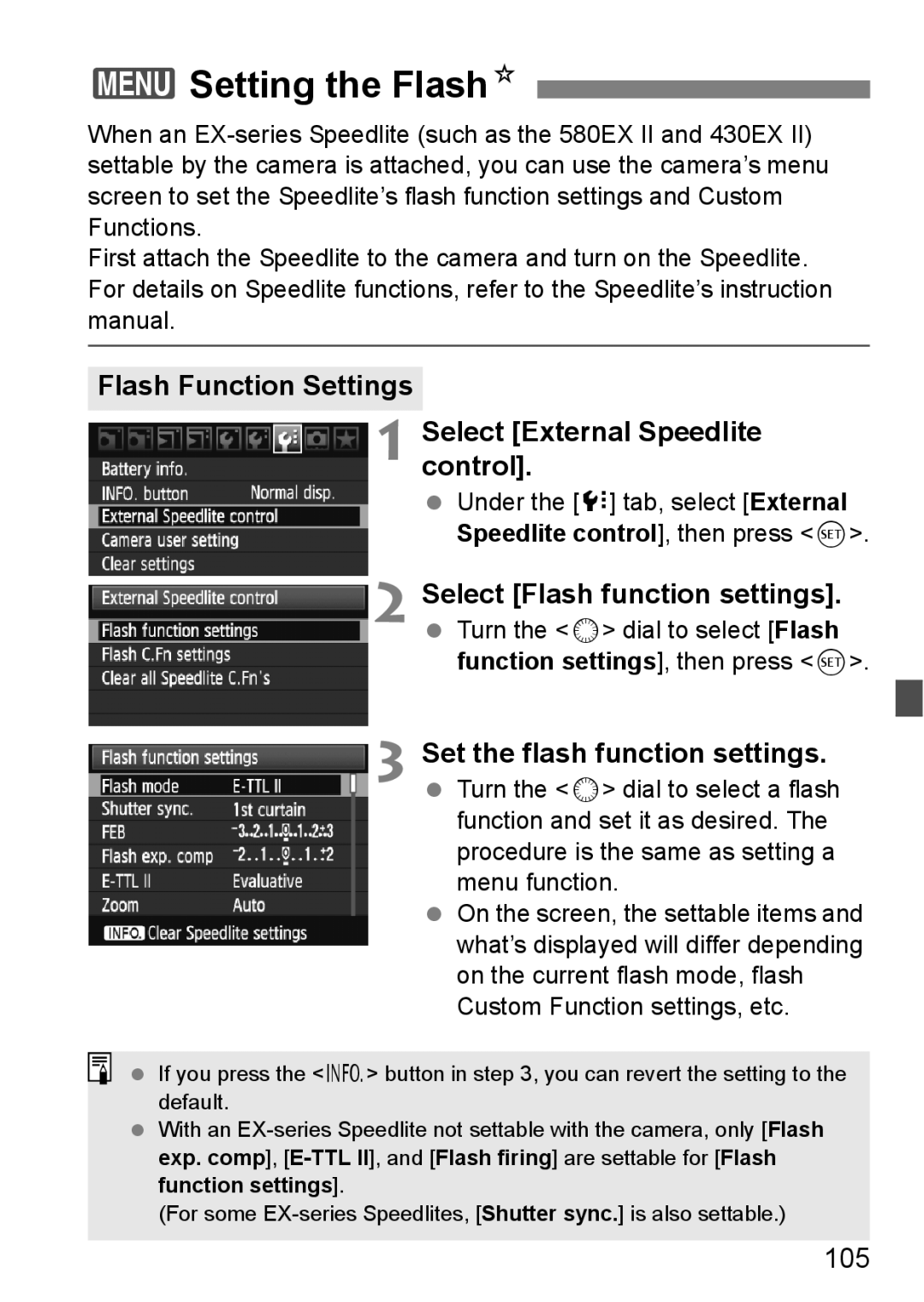 Canon EOS 5D instruction manual 3Setting the FlashN, Flash Function Settings Select External Speedlite Control, 105 