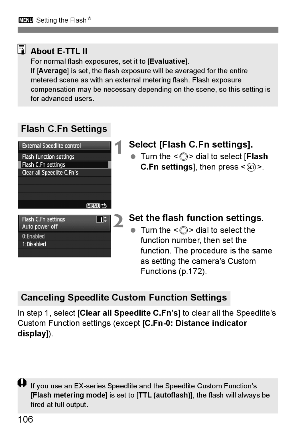 Canon EOS 5D Flash C.Fn Settings Select Flash C.Fn settings, Canceling Speedlite Custom Function Settings, 106 