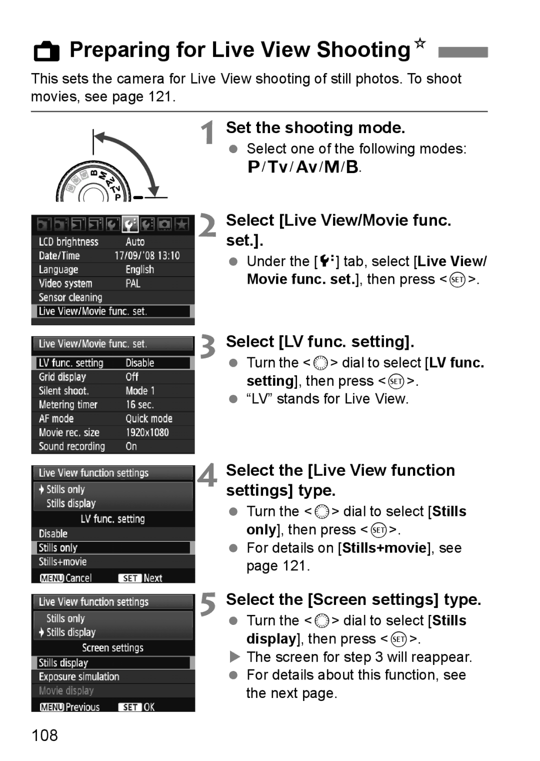 Canon EOS 5D instruction manual APreparing for Live View ShootingN, Set the shooting mode, Selectset.. Live View/Movie func 