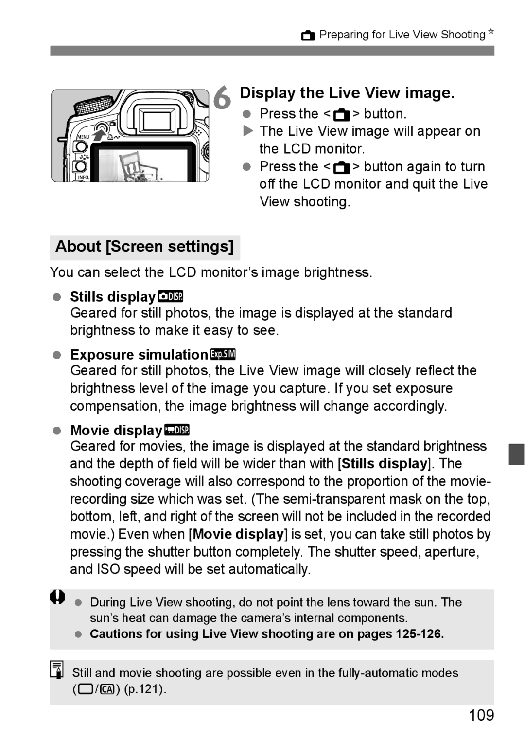 Canon EOS 5D instruction manual Display the Live View image, About Screen settings, 109 