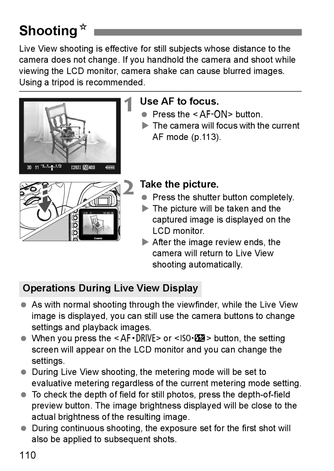 Canon EOS 5D instruction manual ShootingN, Use AF to focus, Operations During Live View Display, 110 