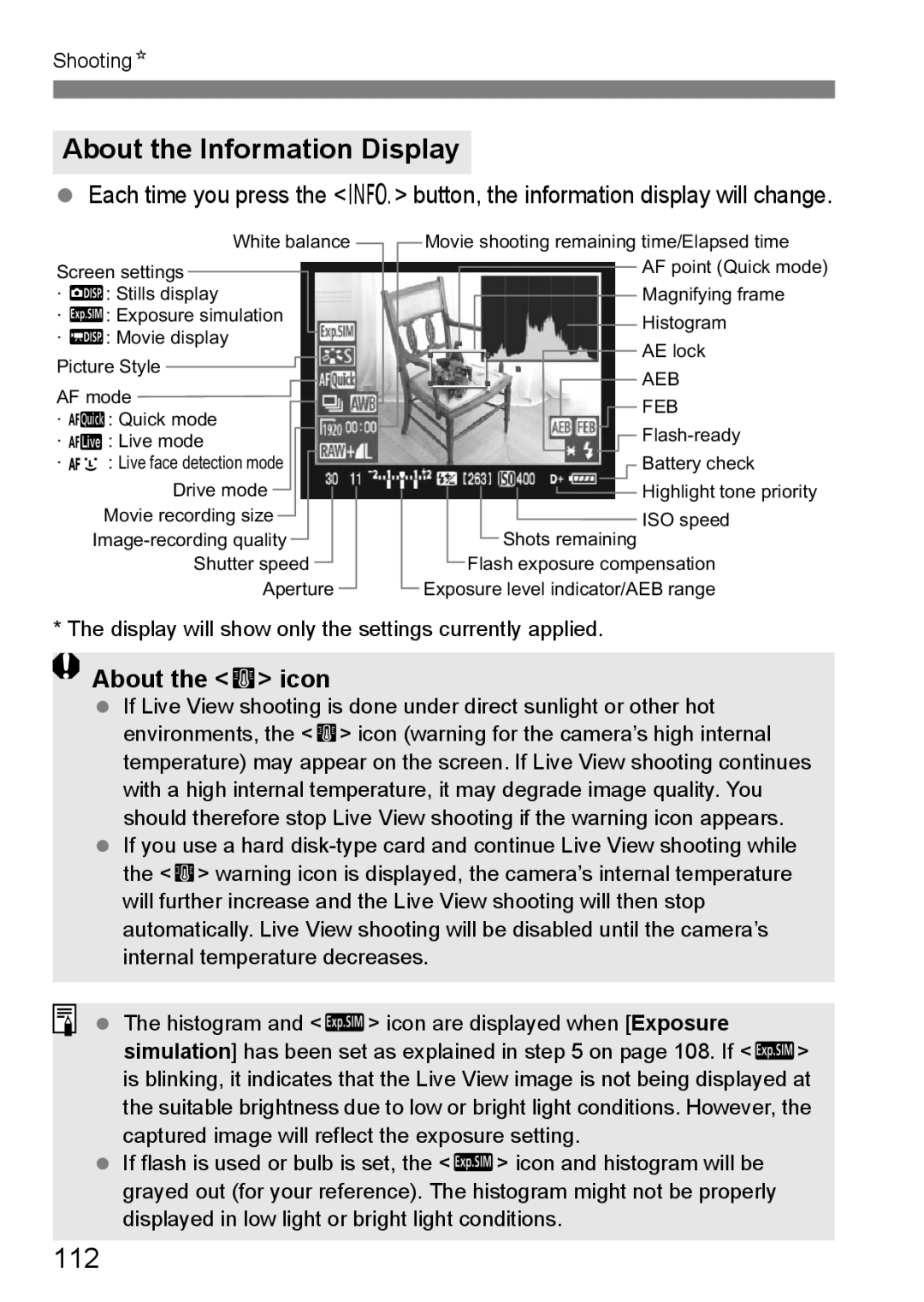 Canon EOS 5D instruction manual About the Information Display, 112, About the E icon 