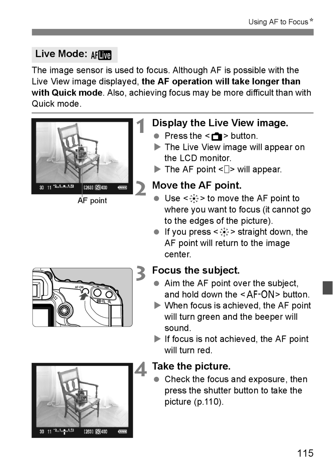 Canon EOS 5D instruction manual Live Mode, Move the AF point, 115 