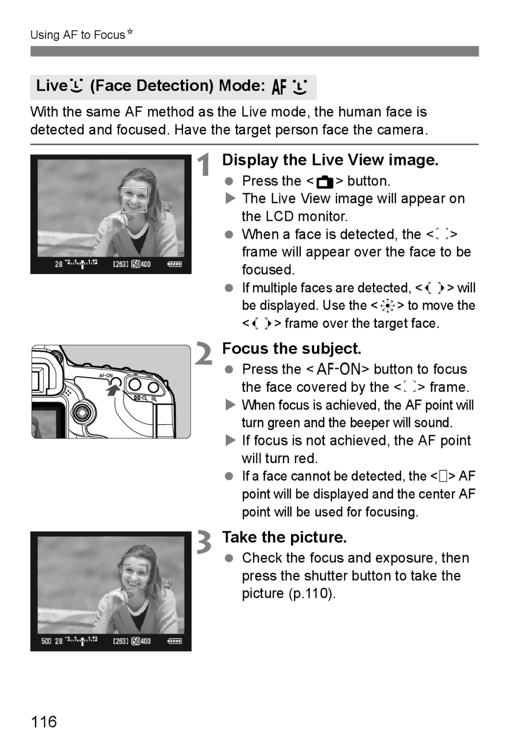 Canon EOS 5D instruction manual LiveuFace Detection Mode, 116, Press the p button to focus the face covered by the p frame 