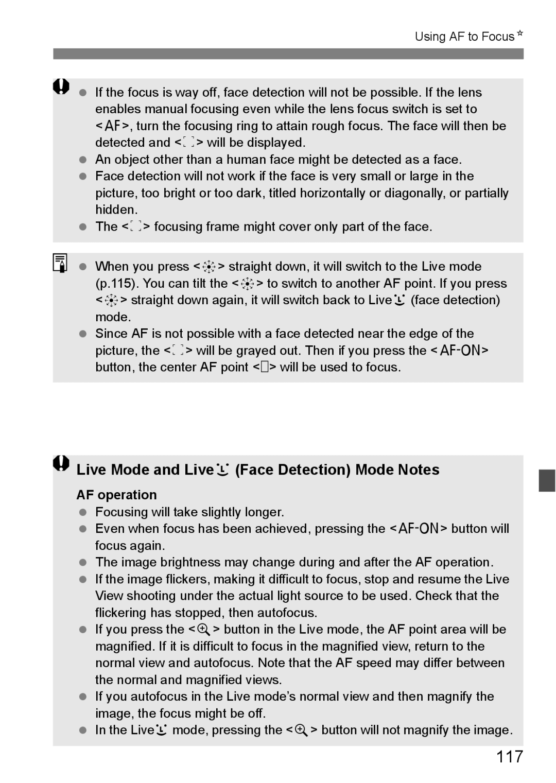 Canon EOS 5D instruction manual 117, Live Mode and LiveuFace Detection Mode Notes, AF operation 