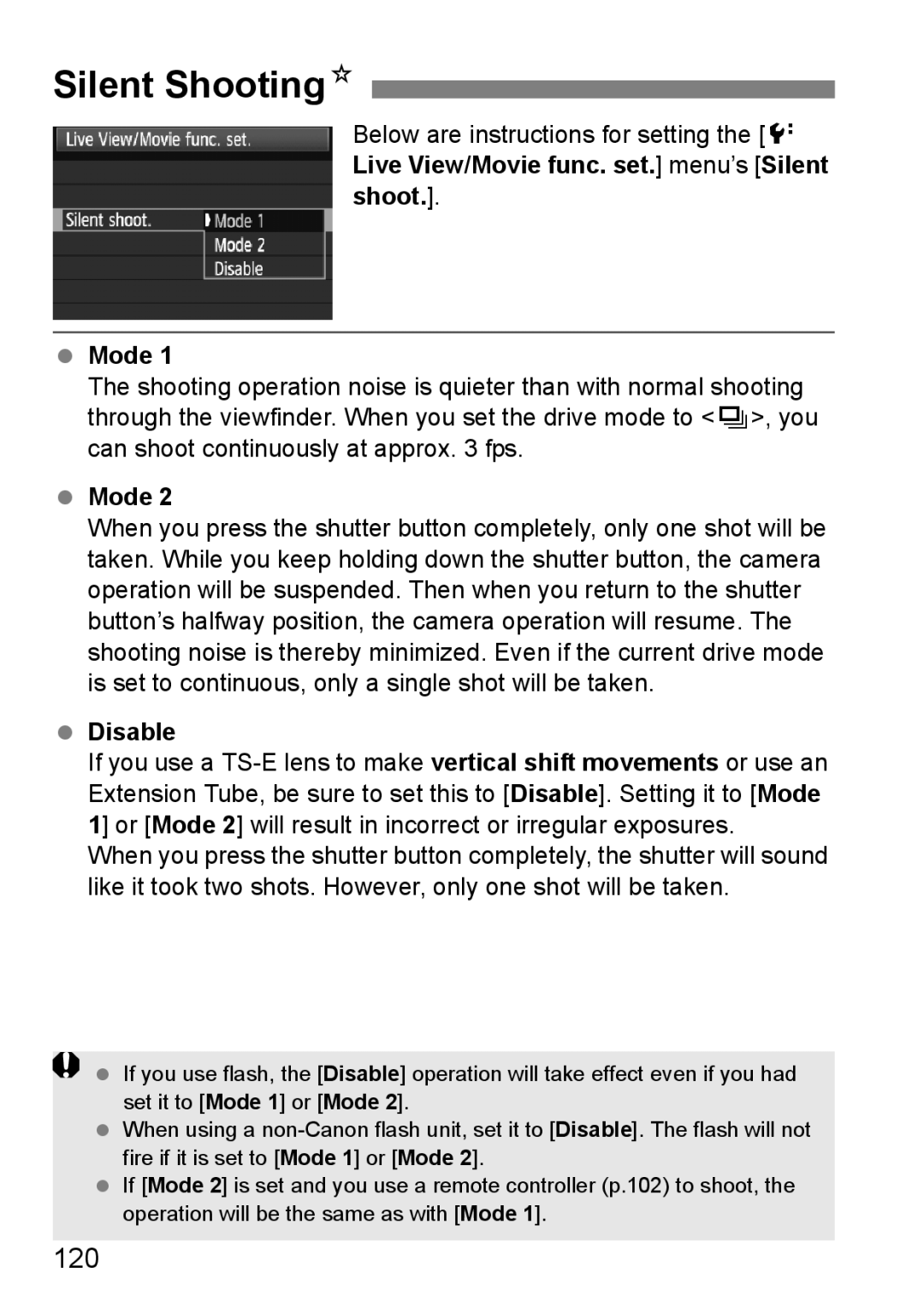 Canon EOS 5D instruction manual Silent ShootingN, 120, Mode, Disable 