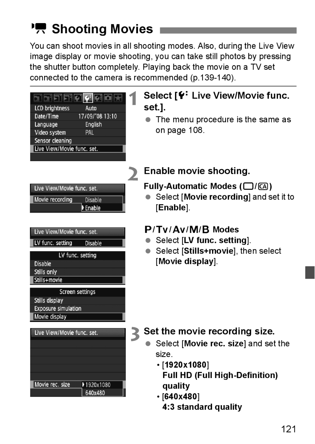 Canon EOS 5D instruction manual KShooting Movies, Selectset. Live View/Movie func, Enable movie shooting, 121 