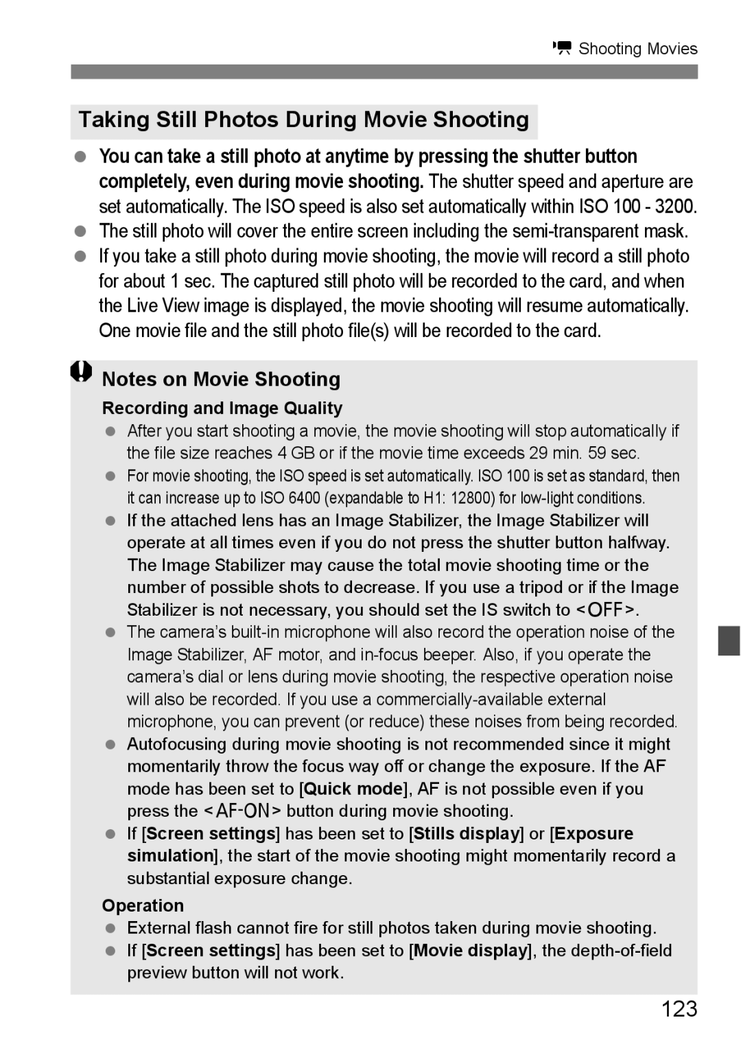 Canon EOS 5D instruction manual Taking Still Photos During Movie Shooting, 123, Recording and Image Quality 