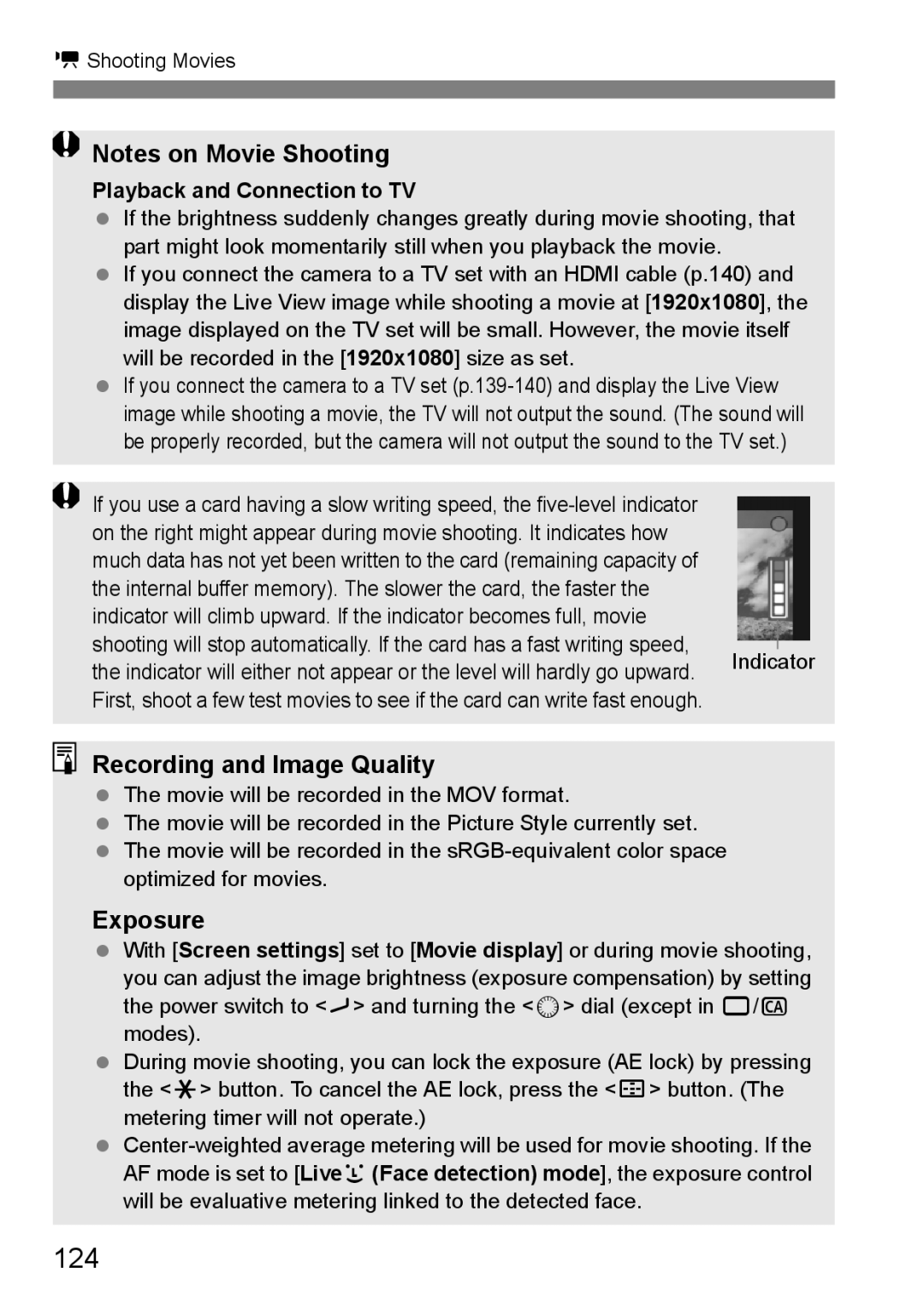 Canon EOS 5D instruction manual 124, Recording and Image Quality, Exposure, Playback and Connection to TV 