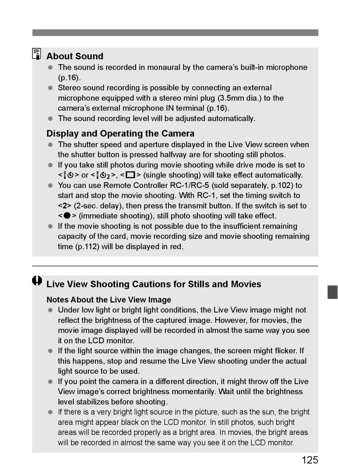 Canon EOS 5D 125, About Sound, Display and Operating the Camera, Live View Shooting Cautions for Stills and Movies 