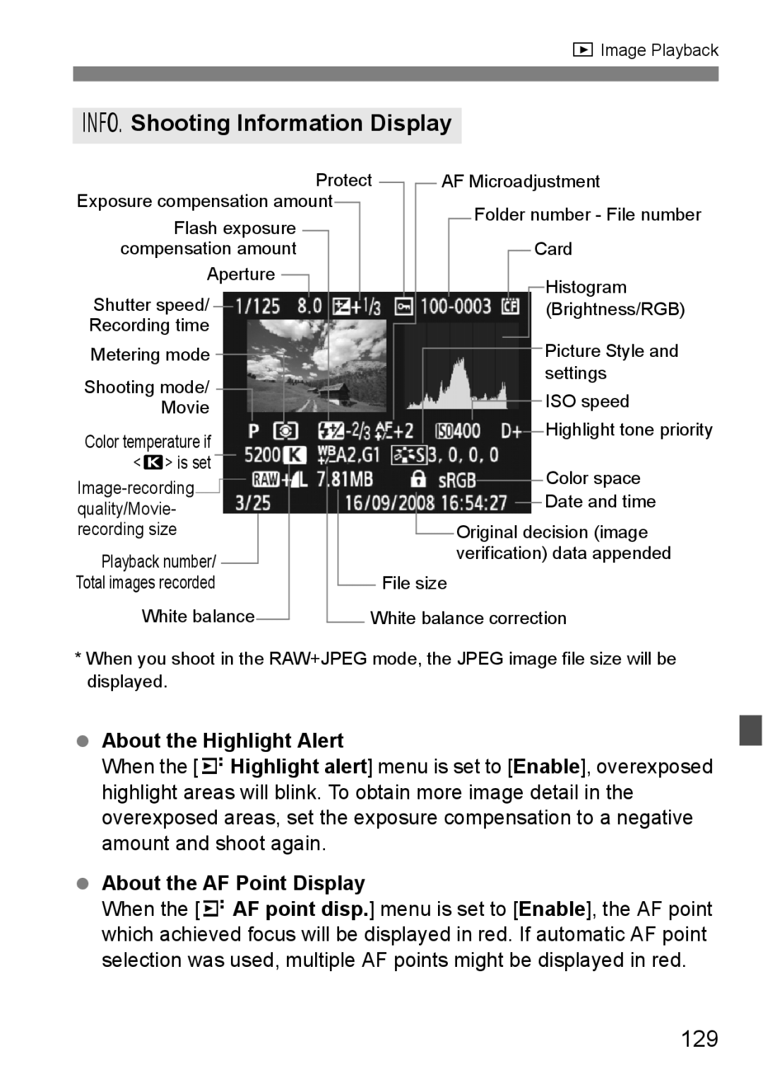 Canon EOS 5D instruction manual BShooting Information Display, 129, About the Highlight Alert, About the AF Point Display 