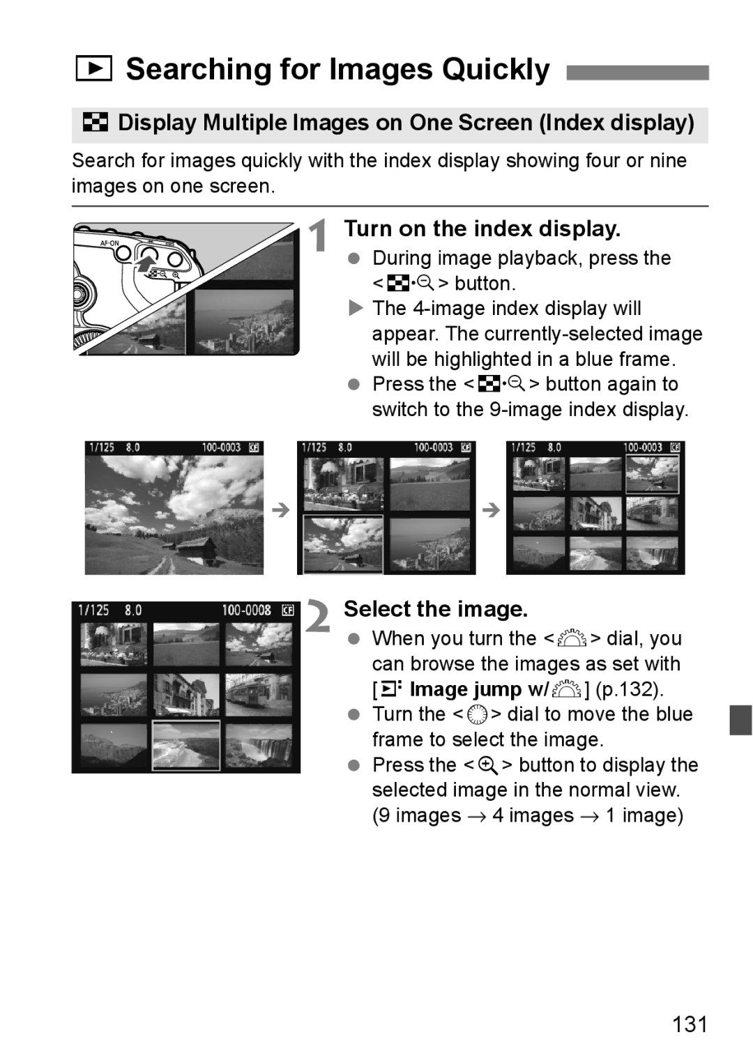 Canon EOS 5D instruction manual XSearching for Images Quickly, HDisplay Multiple Images on One Screen Index display, 131 