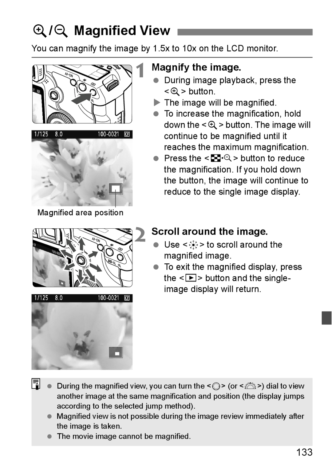 Canon EOS 5D instruction manual YMagnified View, Magnify the image, Scroll around the image, 133 