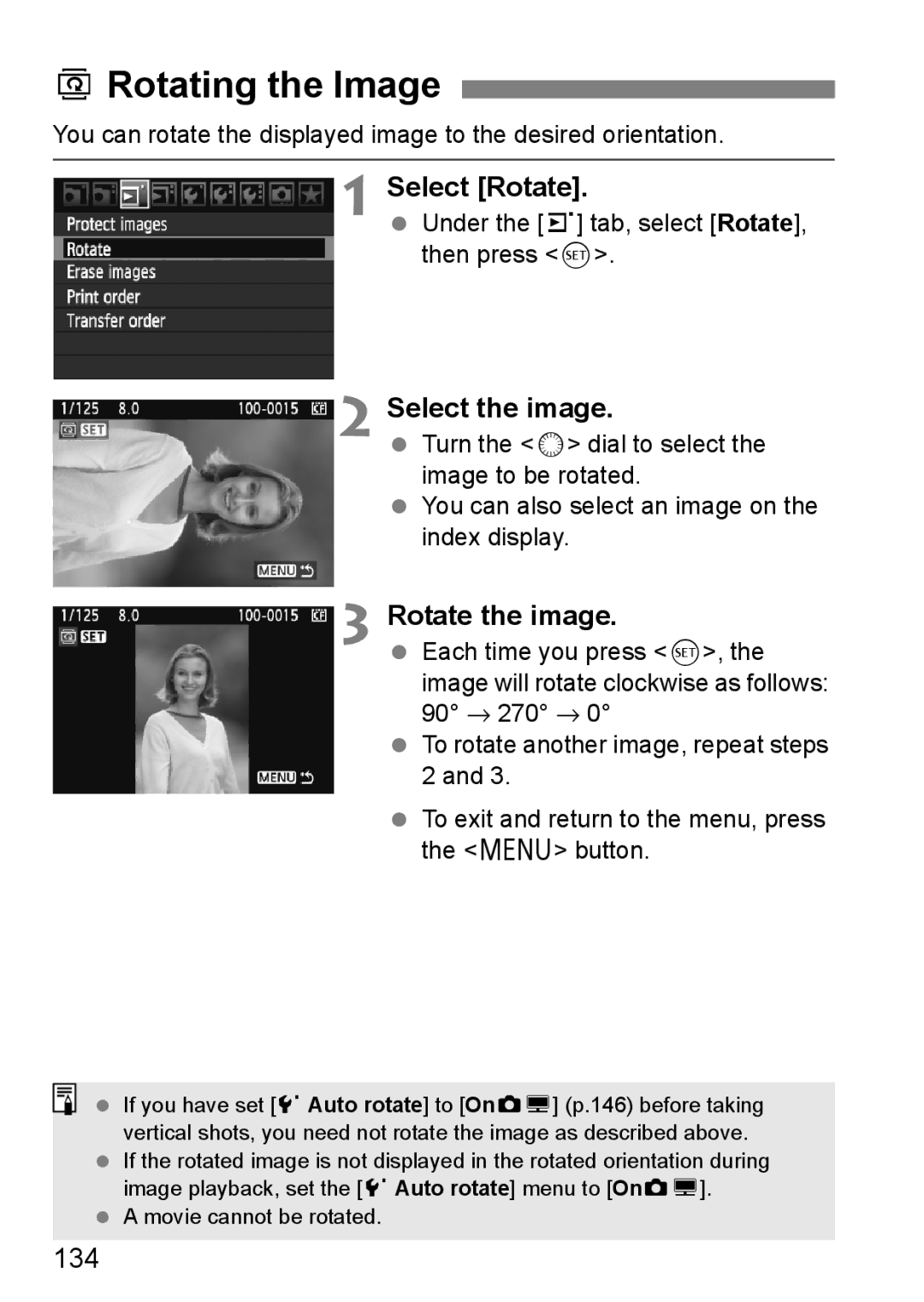 Canon EOS 5D BRotating the Image, Select Rotate, Rotate the image, 134, Under the 3 tab, select Rotate, then press 