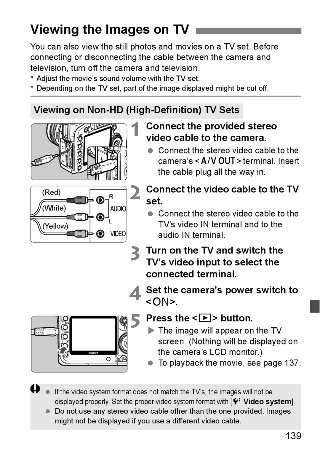 Canon EOS 5D instruction manual Viewing the Images on TV, Viewing on Non-HD High-Definition TV Sets, 139 