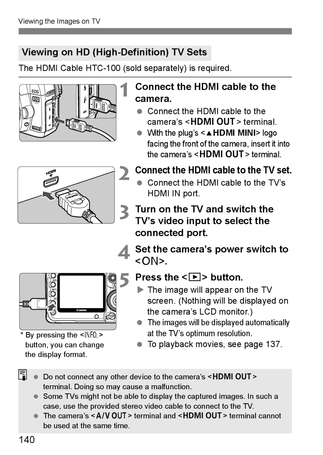 Canon EOS 5D instruction manual Viewing on HD High-Definition TV Sets, Connectcamera. the Hdmi cable to, 140 