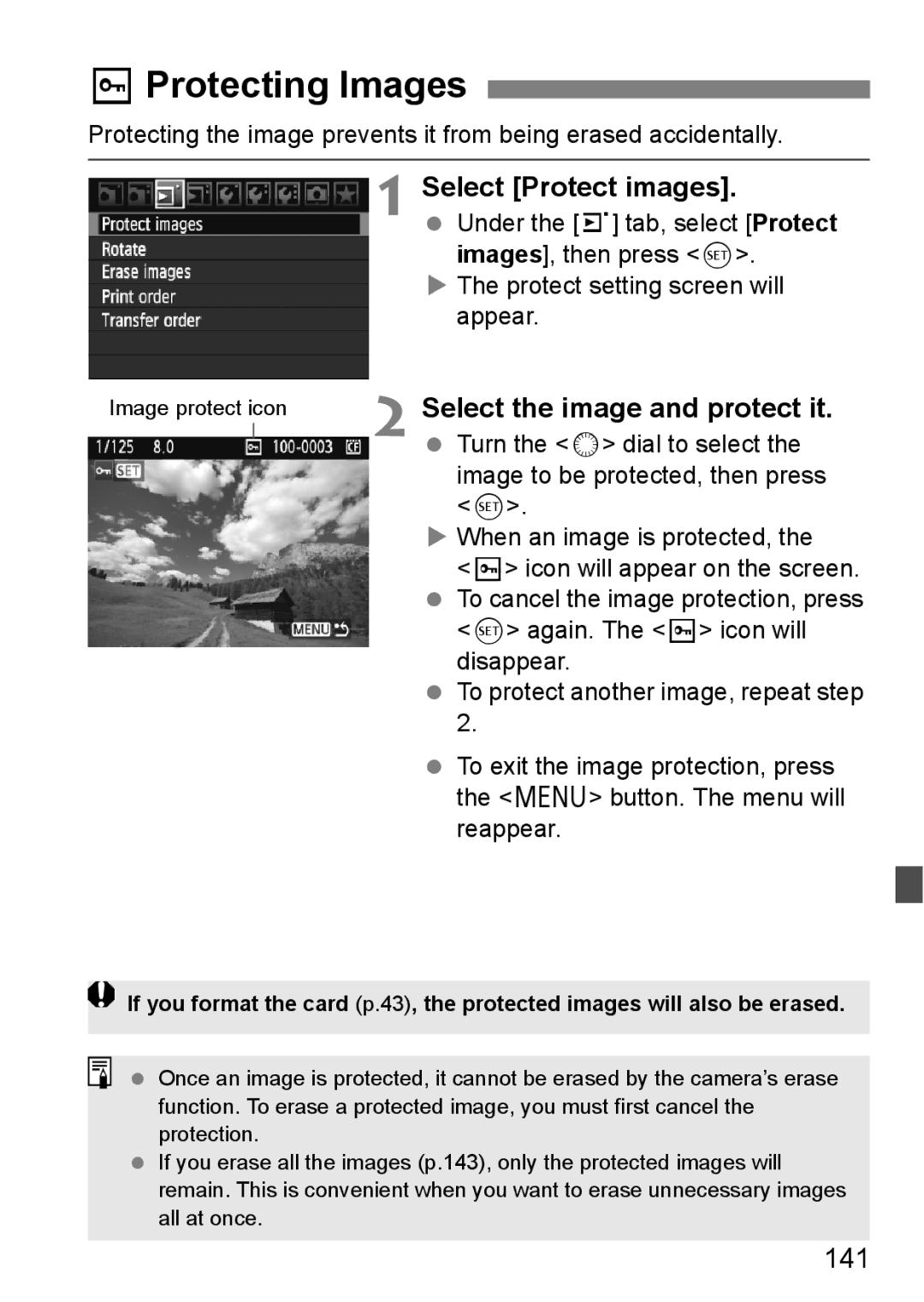 Canon EOS 5D instruction manual KProtecting Images, Select Protect images, Select the image and protect it, 141 