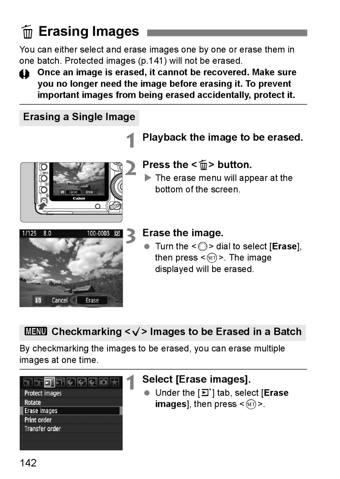 Canon EOS 5D LErasing Images, Erase the image, 3Checkmarking X Images to be Erased in a Batch, Select Erase images, 142 