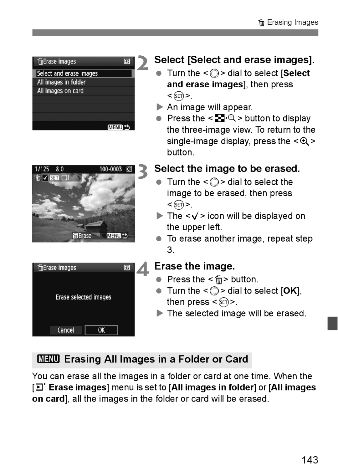 Canon EOS 5D instruction manual 3Erasing All Images in a Folder or Card, 143 