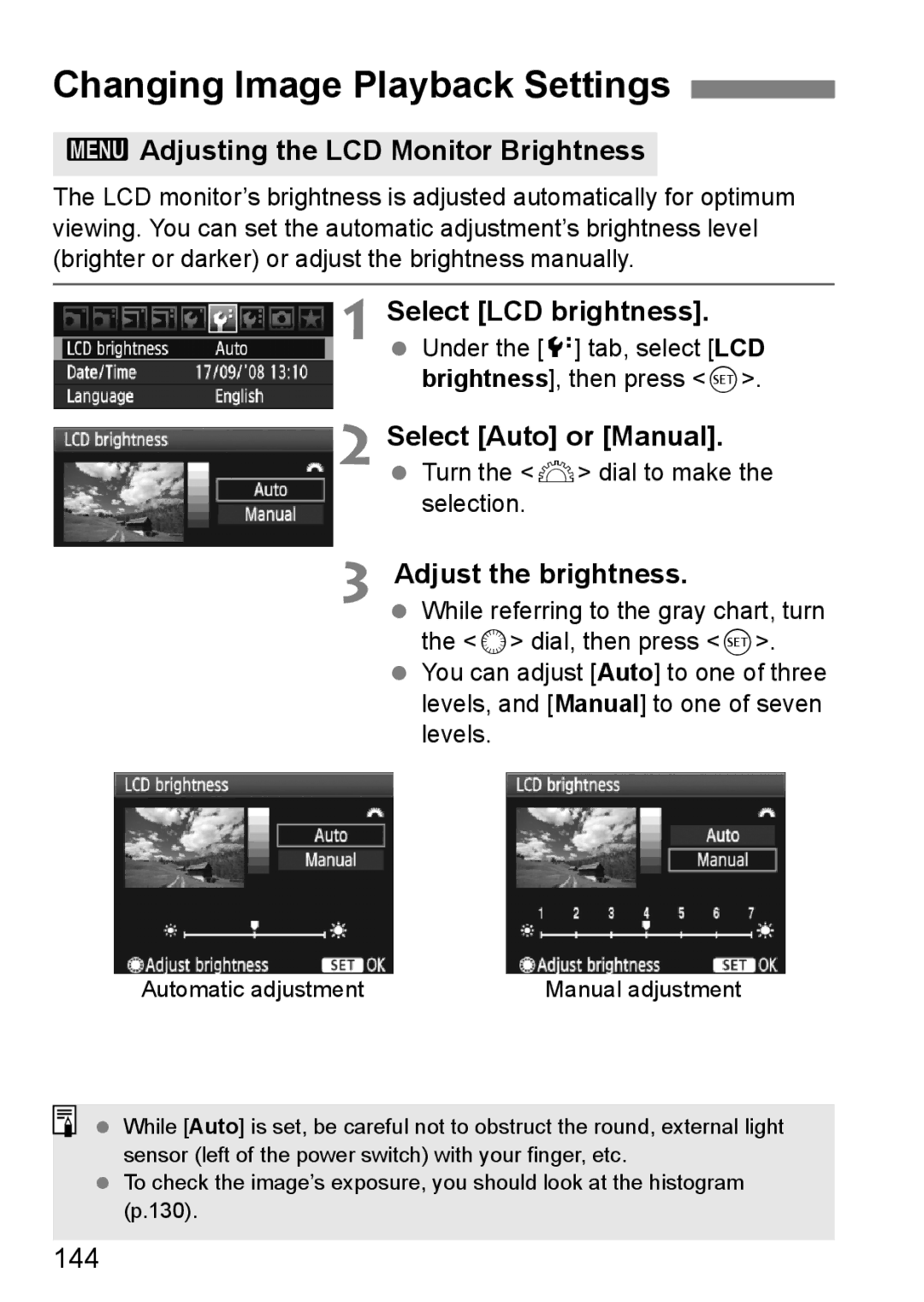 Canon EOS 5D Changing Image Playback Settings, 3Adjusting the LCD Monitor Brightness, Select LCD brightness 