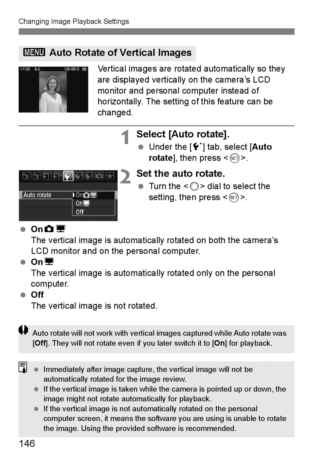 Canon EOS 5D instruction manual 3Auto Rotate of Vertical Images, Select Auto rotate, Set the auto rotate, 146 