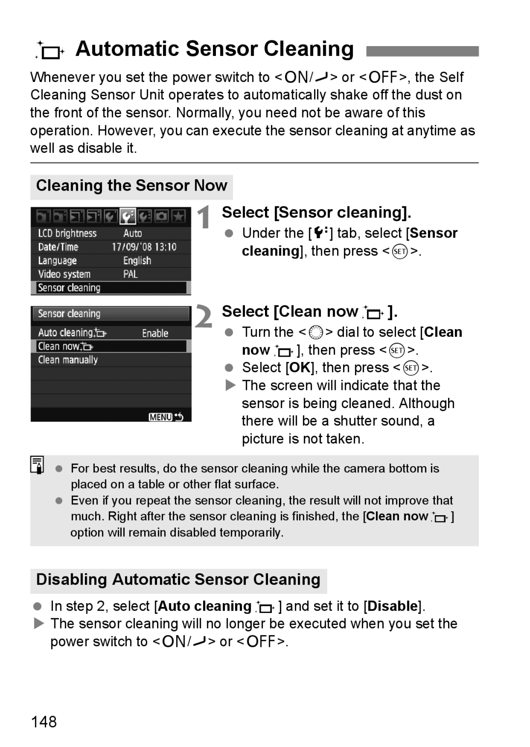 Canon EOS 5D FAutomatic Sensor Cleaning, Cleaning the Sensor Now, Select Clean nowf, Disabling Automatic Sensor Cleaning 